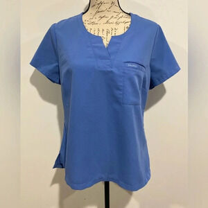 Jaanuu Split V Neck Single pocket scrub top Ceil Blue Size Medium